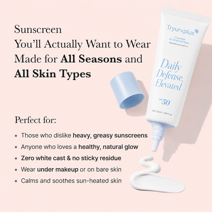 ✨ Tryurvplus™ No Cast Just Glow Collagen Sunscreen | SPF 50 Broad Spectrum Face Sunscreen | Lightweight, Non-Sticky, Hydrating Formula | No White Cast or Residue | tide, Cica for Soothing & Natural Glow