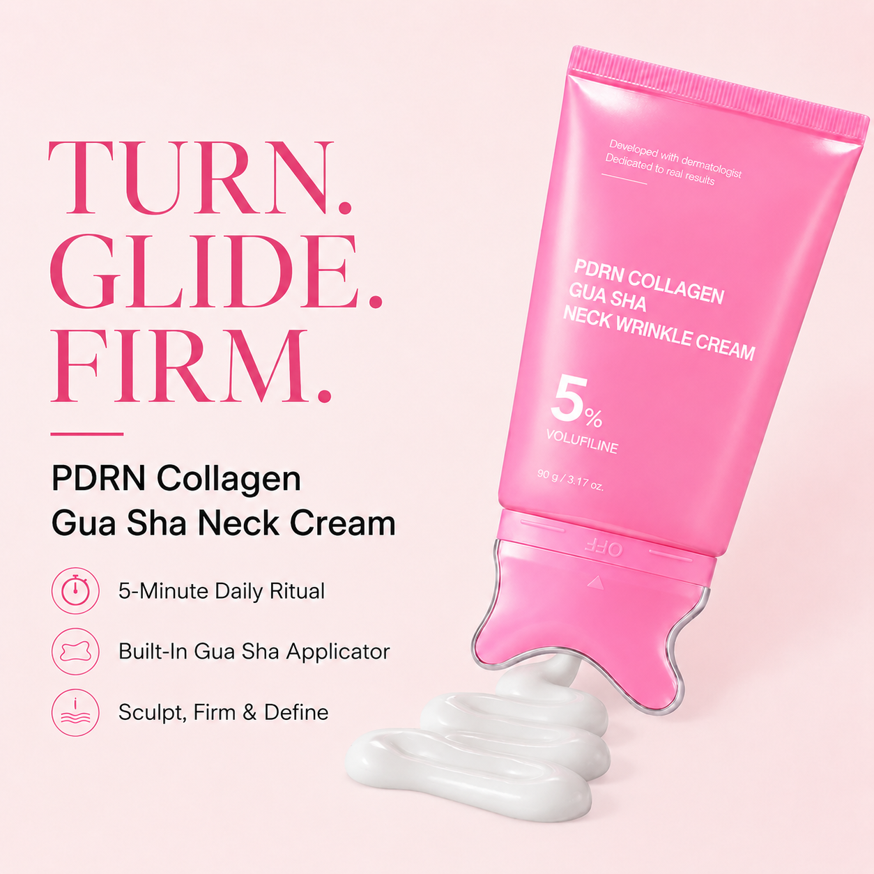 PDRN Collagen Gua Sha Neck Wrinkle Cream | Built-In Gua Sha Massager with Volufiline 5% + PDRN | Firming, Contour Care for the Look of Fine Lines, Jawline, Neck, Décolleté