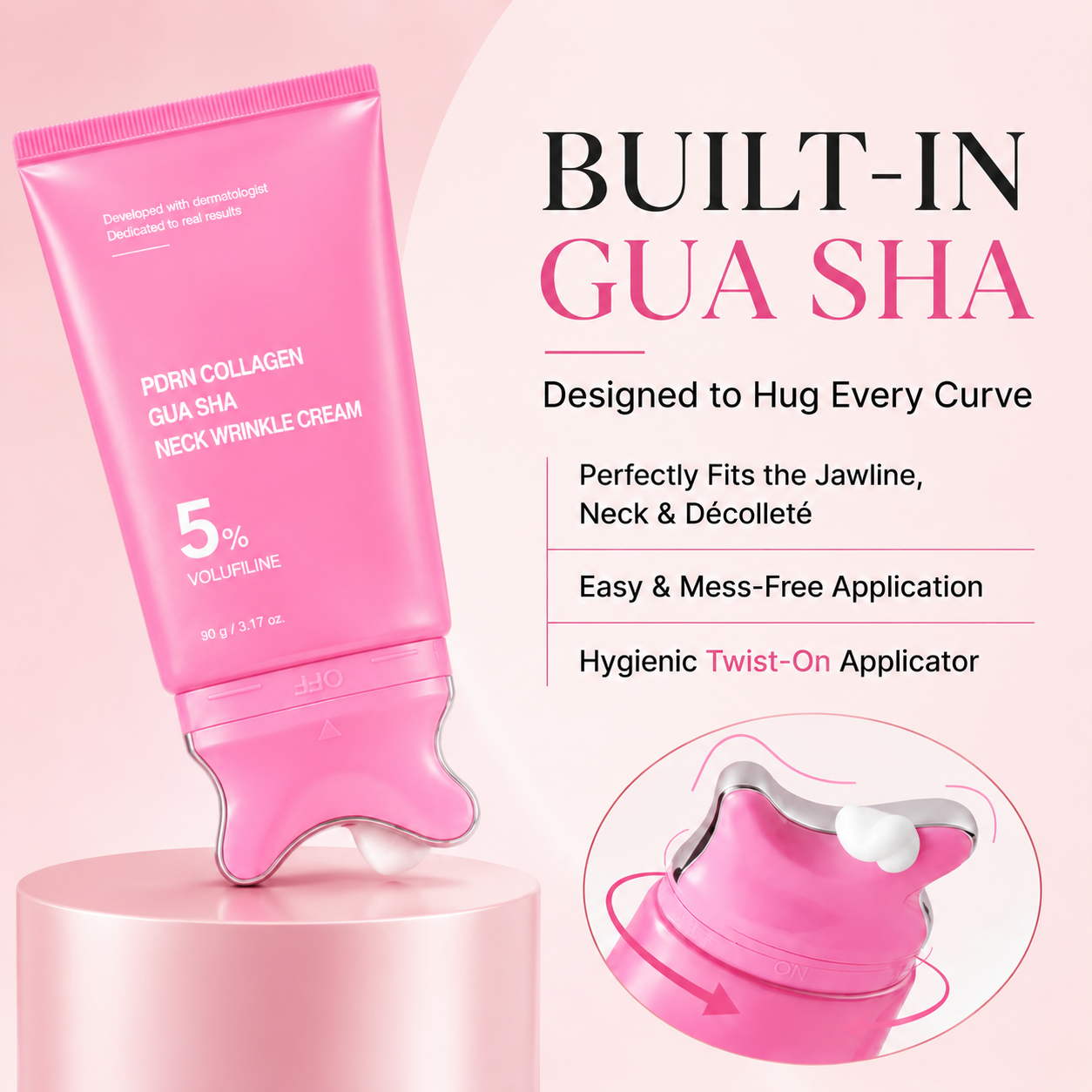 PDRN Collagen Gua Sha Neck Wrinkle Cream | Built-In Gua Sha Massager with Volufiline 5% + PDRN | Firming, Contour Care for the Look of Fine Lines, Jawline, Neck, Décolleté
